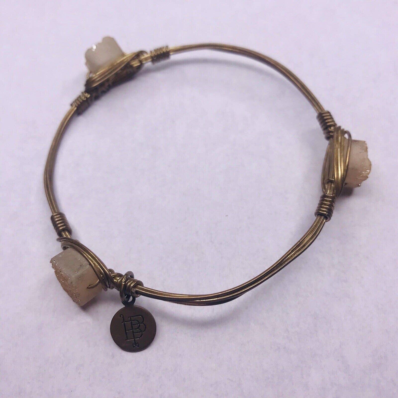 Bourbon And Bowties Bracelet Wire Wrapped Bangle Geode Stone Cream Gold Tone